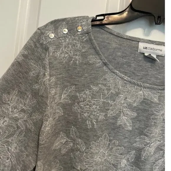 Liz Claiborne Gray Floral Work Top Button Shoulder 3/4 Sleeve Size L - Picture 3 of 7